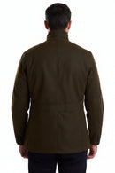 Men's olive wax jacket, back view with center seam and buttoned hem.