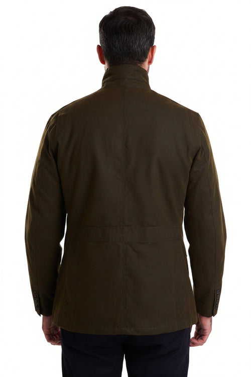 Men's olive wax jacket, back view with center seam and buttoned hem.