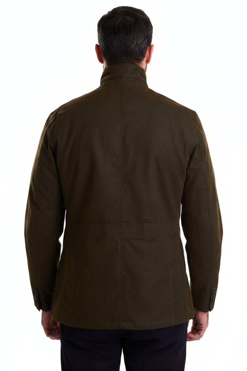 Men's olive wax jacket, back view with center seam and buttoned hem.