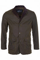 Men's olive wax jacket with button front, stand collar, and two flap chest pockets.