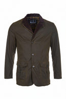 Men's olive wax jacket with button placket, two flap pockets, and Barbour logo lining.