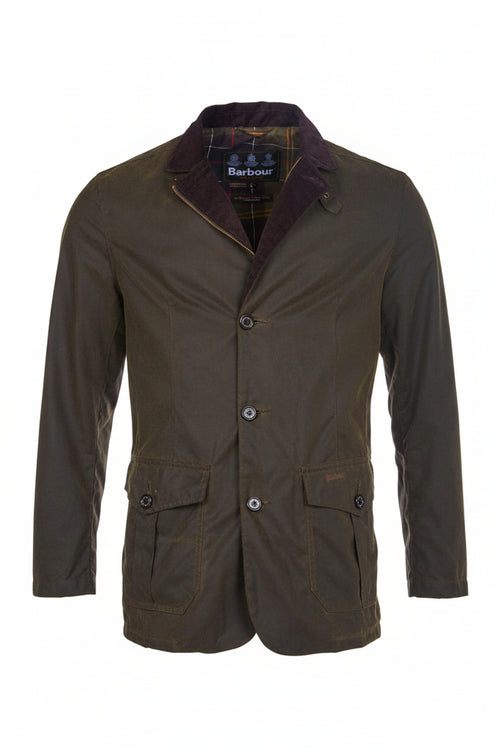 Men's olive wax jacket with button placket, two flap pockets, and Barbour logo lining.