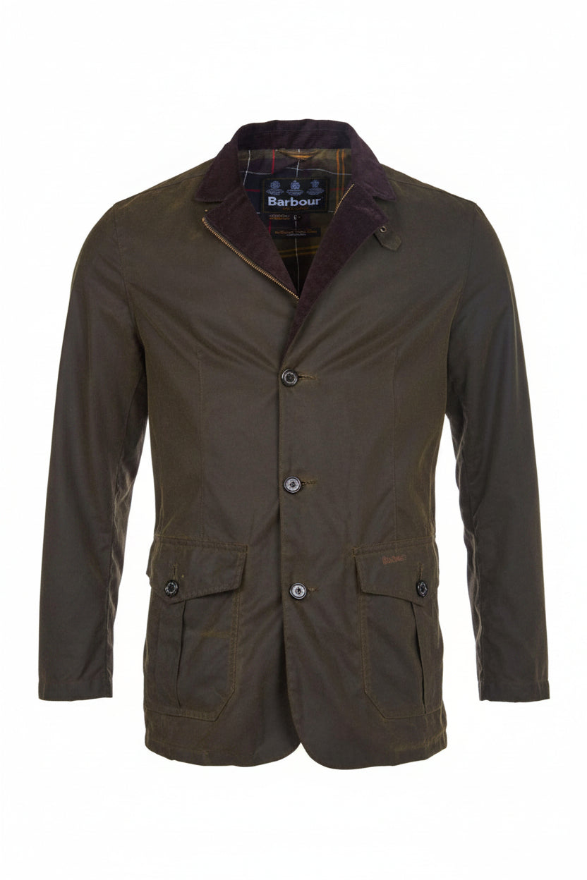 Men's olive wax jacket with button placket, two flap pockets, and Barbour logo lining.