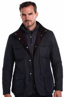 Barbour men’s wax jacket, navy: front close-up with brown collar lining and center zip