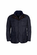 Barbour wax jacket, navy: front flat-lay with button front and chest pockets