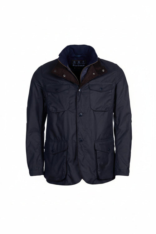 Barbour wax jacket, navy: front flat-lay with button front and chest pockets