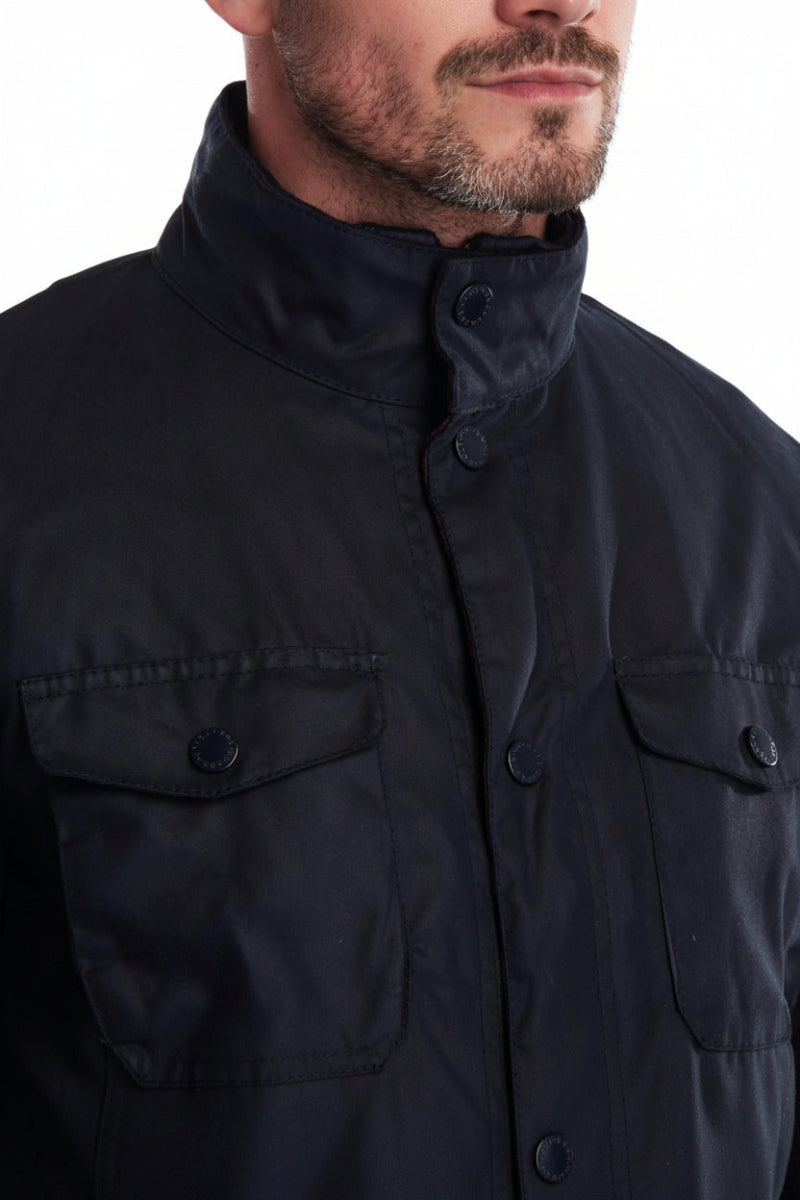 Barbour men’s wax jacket, navy: stand collar with button placket and chest pocket