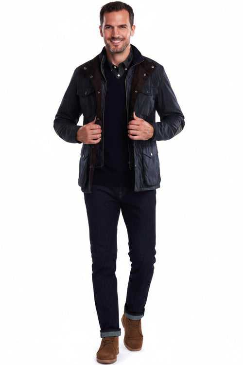 Barbour men’s wax jacket, navy: full-length front with brown collar trim and button pockets