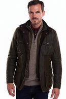 Men's olive wax jacket with flap pockets and contrast inner collar lining