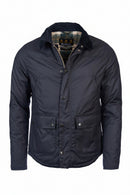 Men's navy Barbour Reelin waxcotton jacket, hooded front with snap pockets.