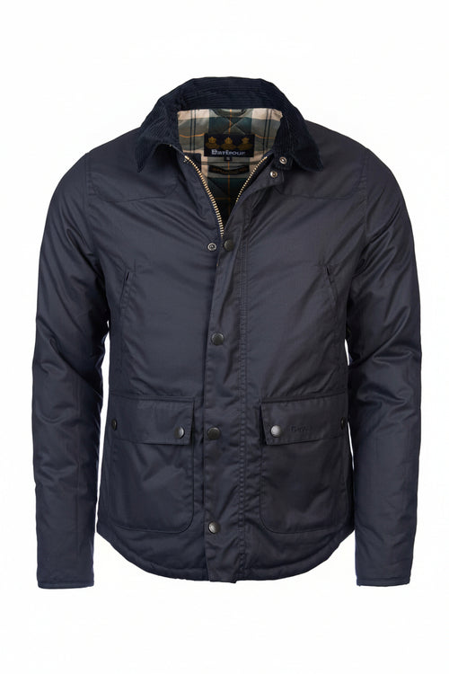 Men's navy Barbour Reelin waxcotton jacket, hooded front with snap pockets.