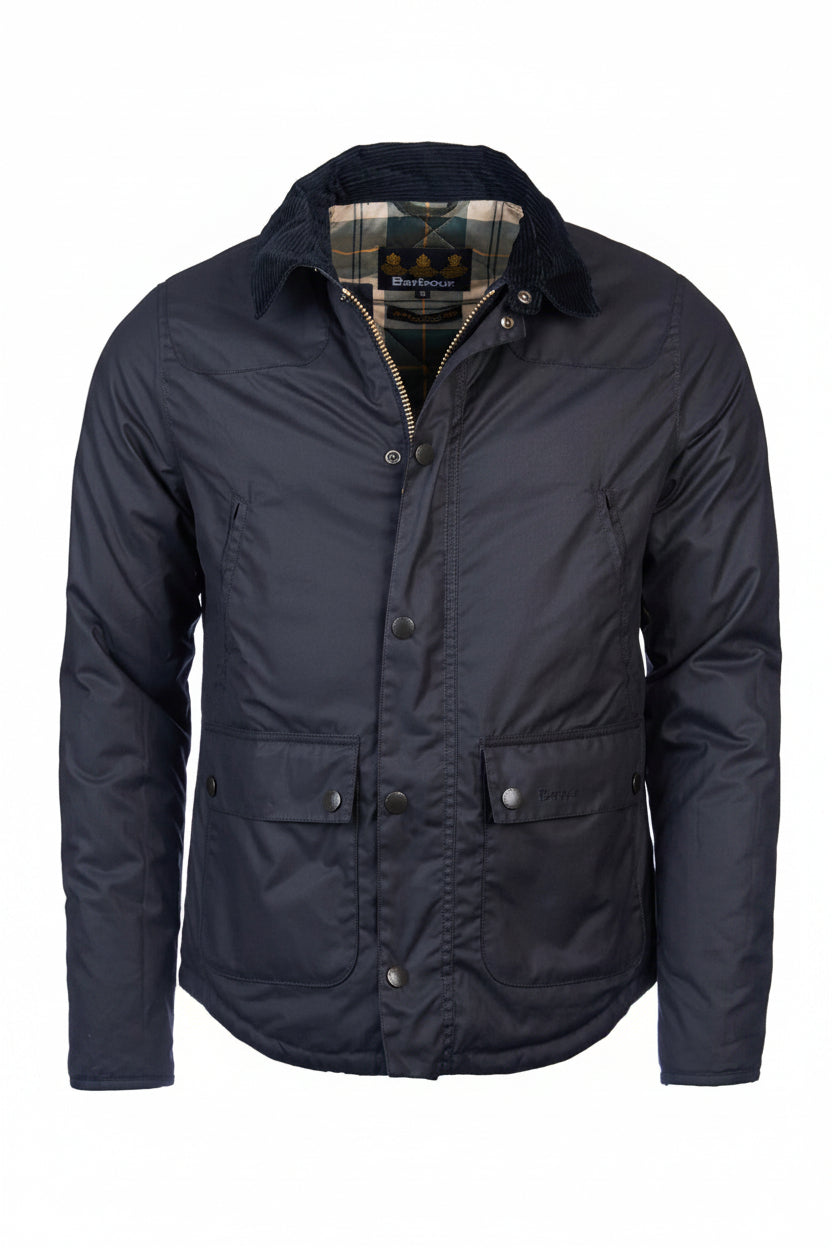 Men's navy Barbour Reelin waxcotton jacket, hooded front with snap pockets.