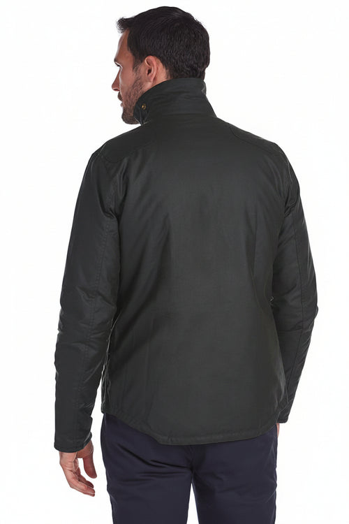 Men's wax-cotton jacket, dark olive, stand collar, button-up back view