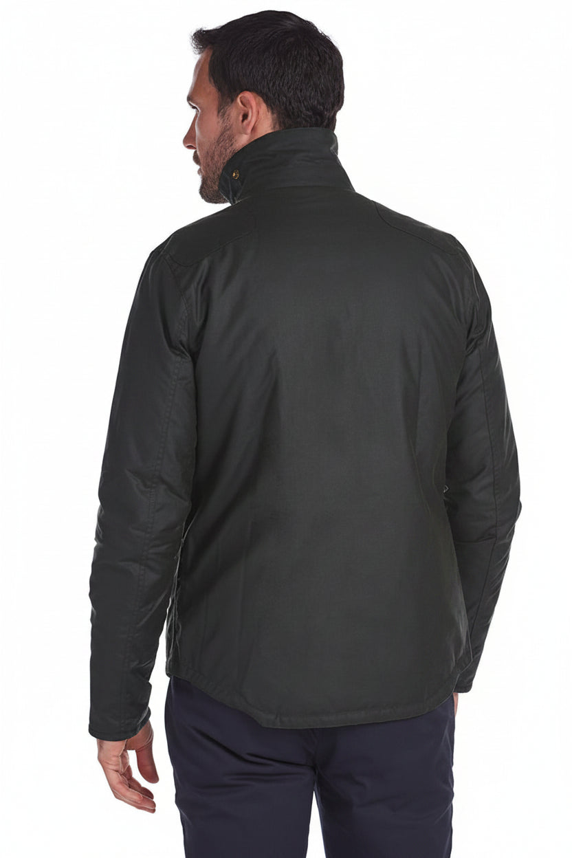 Men's wax-cotton jacket, dark olive, stand collar, button-up back view