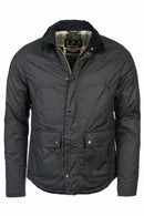 Men's wax-cotton jacket, dark olive, front view, snap pockets, plaid collar lining