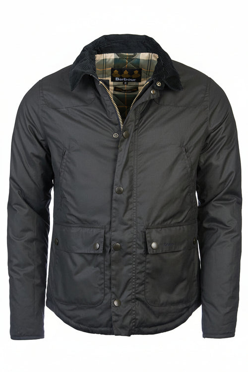 Men's wax-cotton jacket, dark olive, front view, snap pockets, plaid collar lining