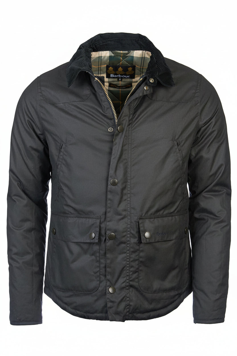 Men's wax-cotton jacket, dark olive, front view, snap pockets, plaid collar lining