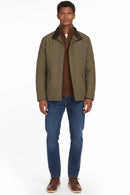 Front view of army green quilted jacket with stand collar and buttoned placket
