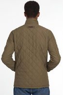 Back view of army green diamond-quilted jacket with stand collar and side pocket