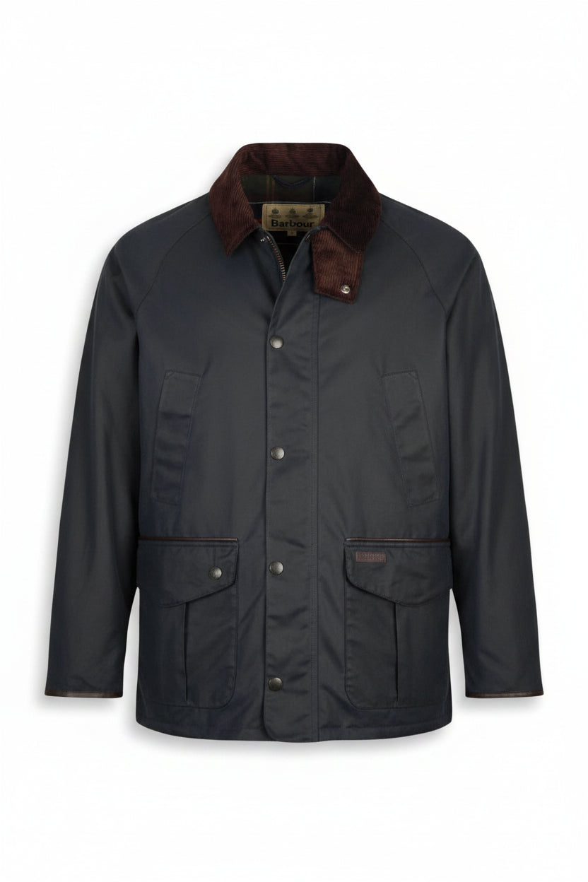 Navy wax cotton jacket with brown corduroy collar and front button placket