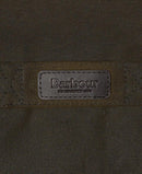 Barbour logo label on olive wax cotton jacket chest panel