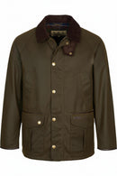 Olive wax cotton jacket with dark shearling-style collar and two front flap pockets