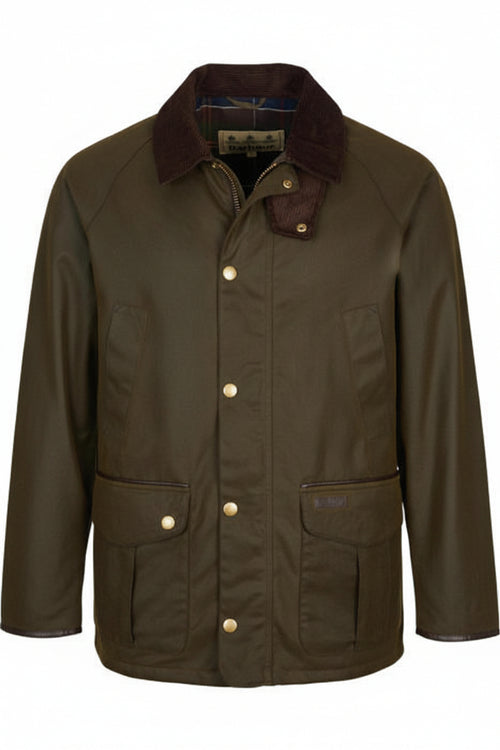 Olive wax cotton jacket with dark shearling-style collar and two front flap pockets