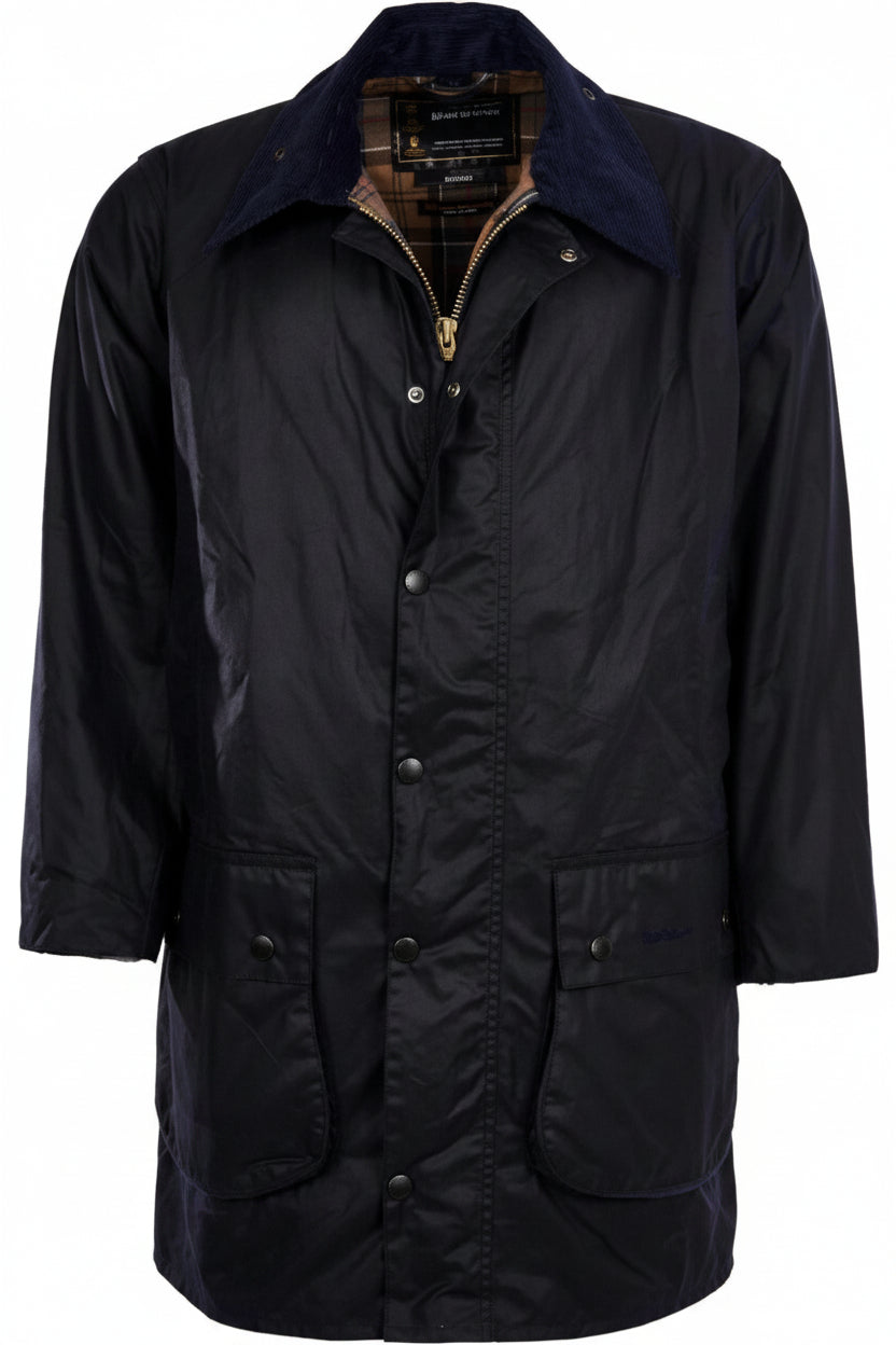 Men's navy wax jacket front view with zip opening, stand collar, flap pockets