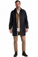 Men's navy wax jacket with stand collar and button front