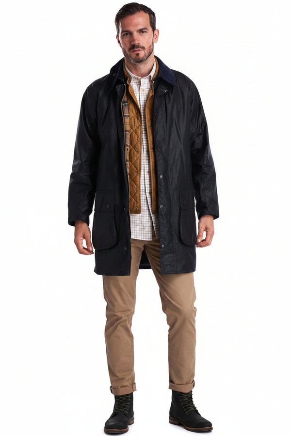 Men's navy wax jacket with stand collar and button front