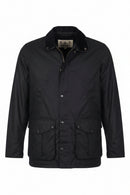 Navy wax jacket front view with stand collar, two flap pockets, Barbour logo