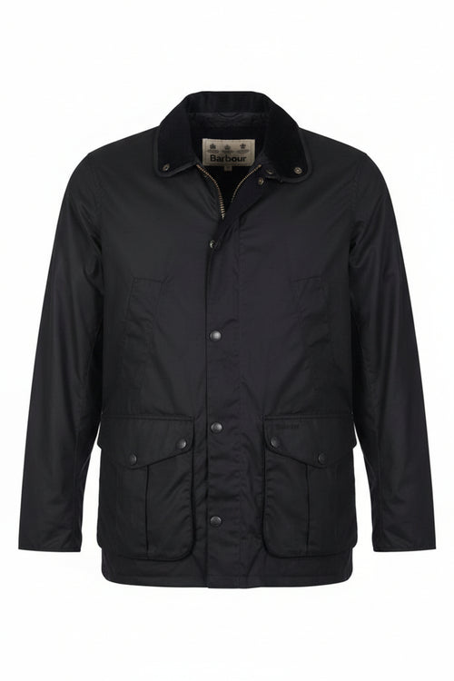 Navy wax jacket front view with stand collar, two flap pockets, Barbour logo