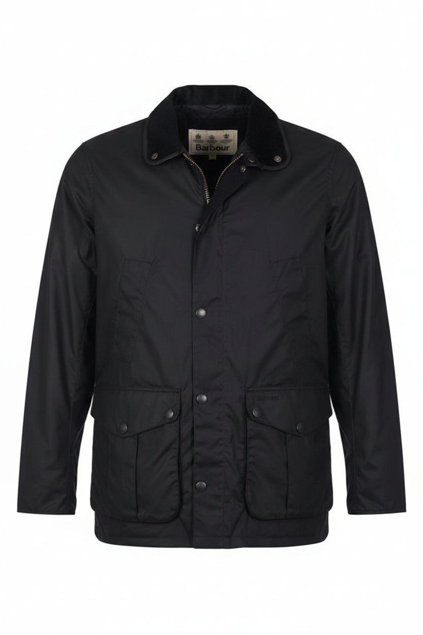Navy wax jacket front view with stand collar, two flap pockets, Barbour logo