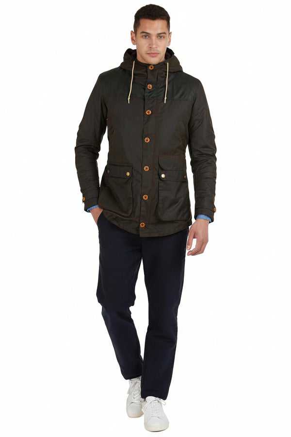 Barbour mens wax cotton parka, olive, full front view with hood and pockets