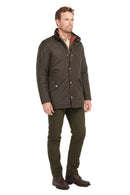 Men's olive waxed Barbour jacket with button front and stand collar