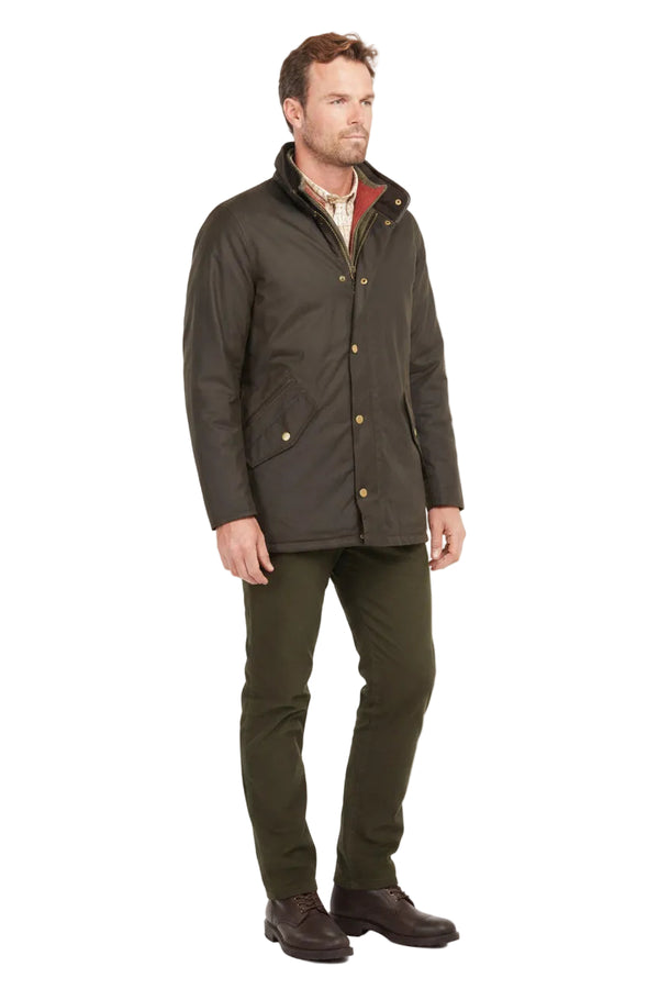 Men's olive waxed Barbour jacket with button front and stand collar