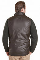 Waxed waistcoat back view with brand patch at collar and quilted seams, dark olive