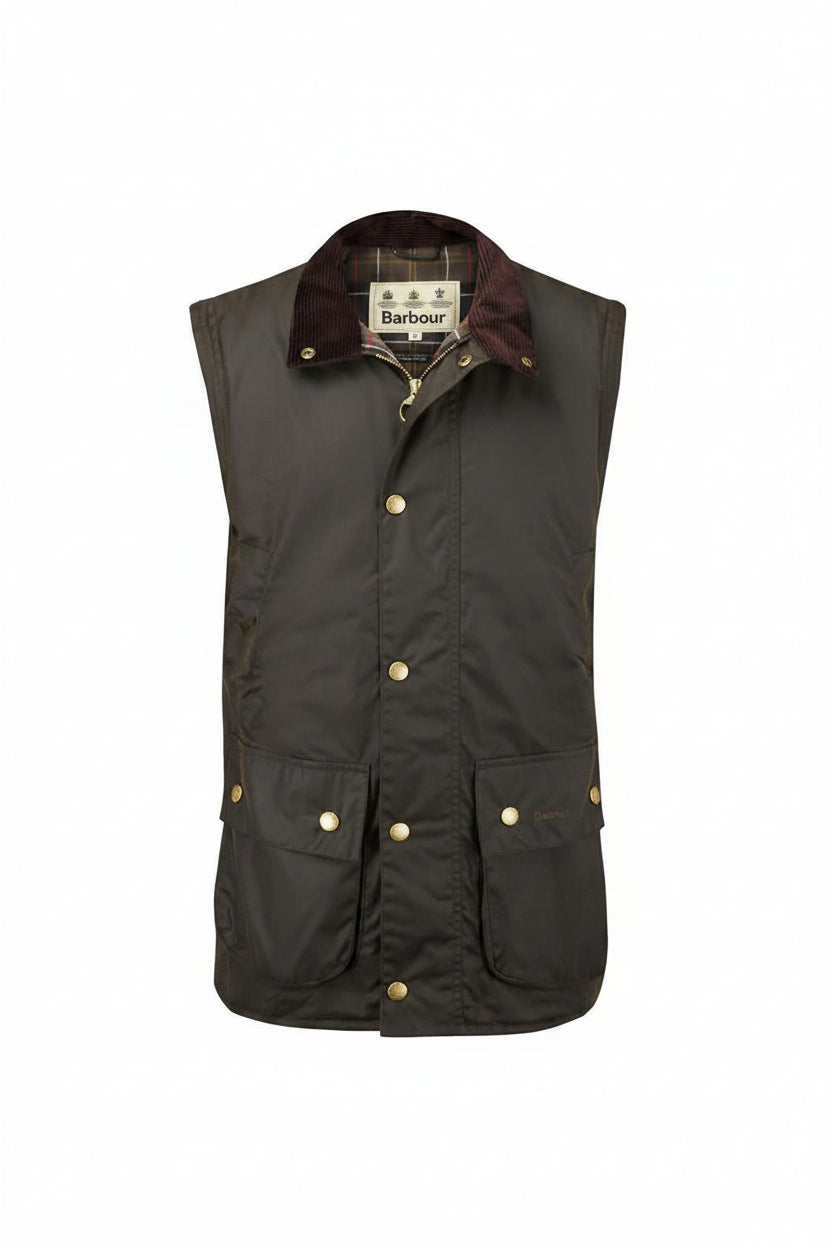 Men's waxed waistcoat with stand collar, snap front, and two chest pockets, dark olive