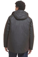 Dark waxed jacket back with hood and structured yoke