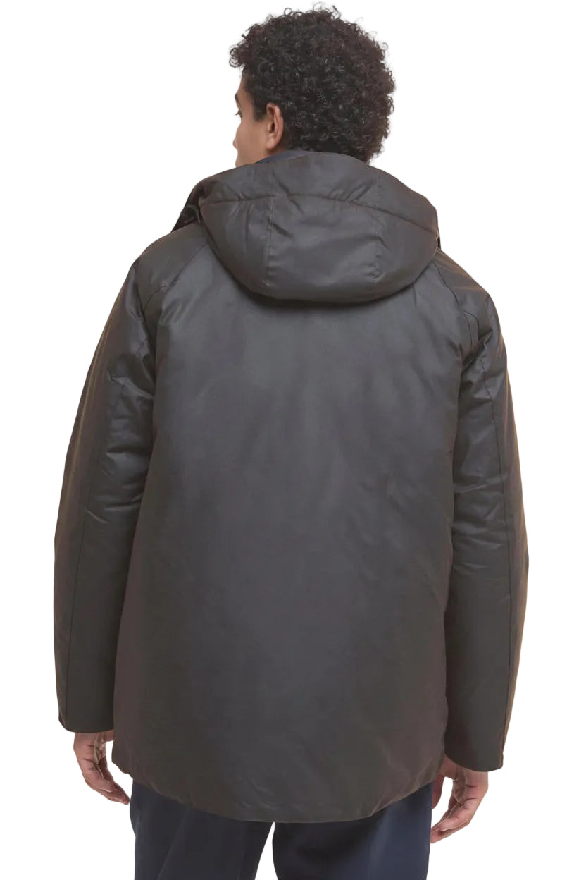 Dark waxed jacket back with hood and structured yoke
