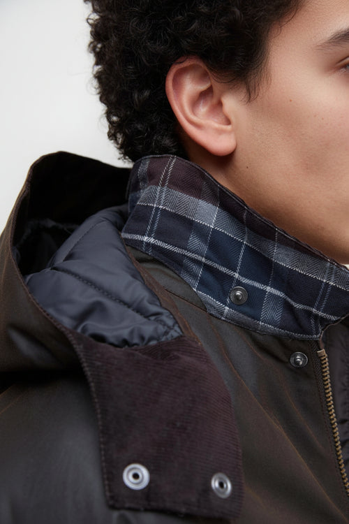 Dark brown waxed jacket collar with check lining and snap button detail