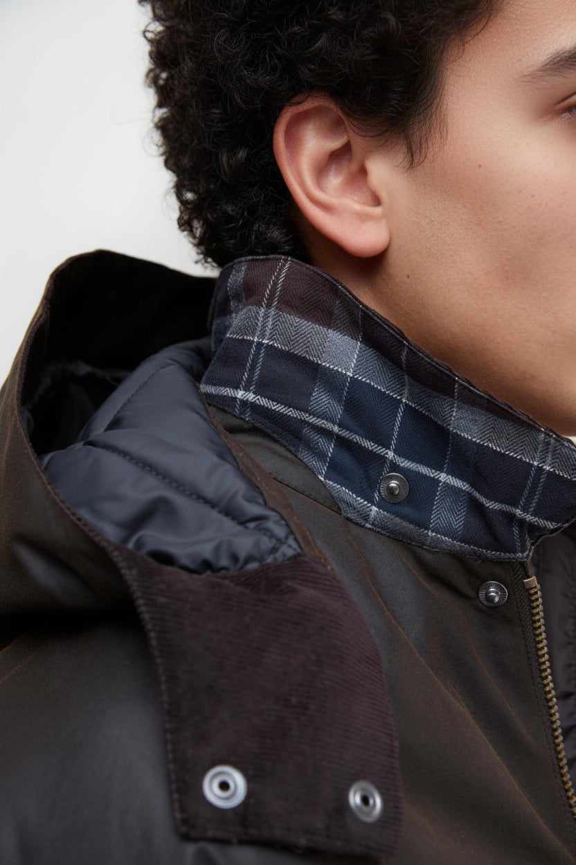 Dark brown waxed jacket collar with check lining and snap button detail