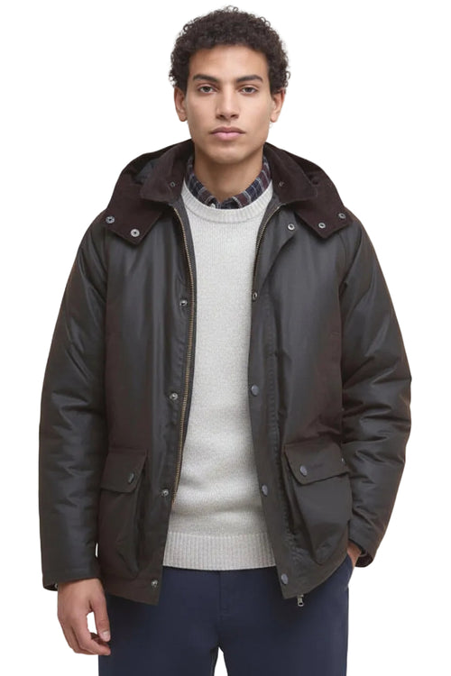 Dark waxed jacket with hood, snap flap pockets, and dark collar