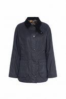 Navy women's wax Beadnell jacket with cord collar, button front, and patch pockets