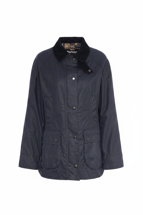 Navy women's wax Beadnell jacket with cord collar, button front, and patch pockets