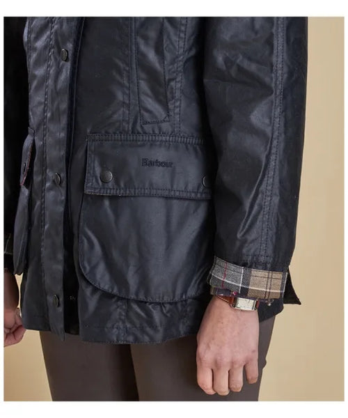 Navy Beadnell wax jacket with Barbour label, buttoned chest pocket, and cuffs