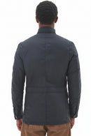 Men's navy wax jacket, back view with full-length sleeves and center seam detail