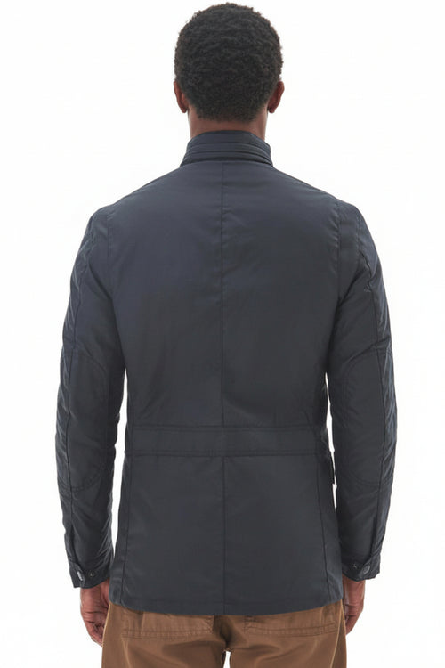 Men's navy wax jacket, back view with full-length sleeves and center seam detail