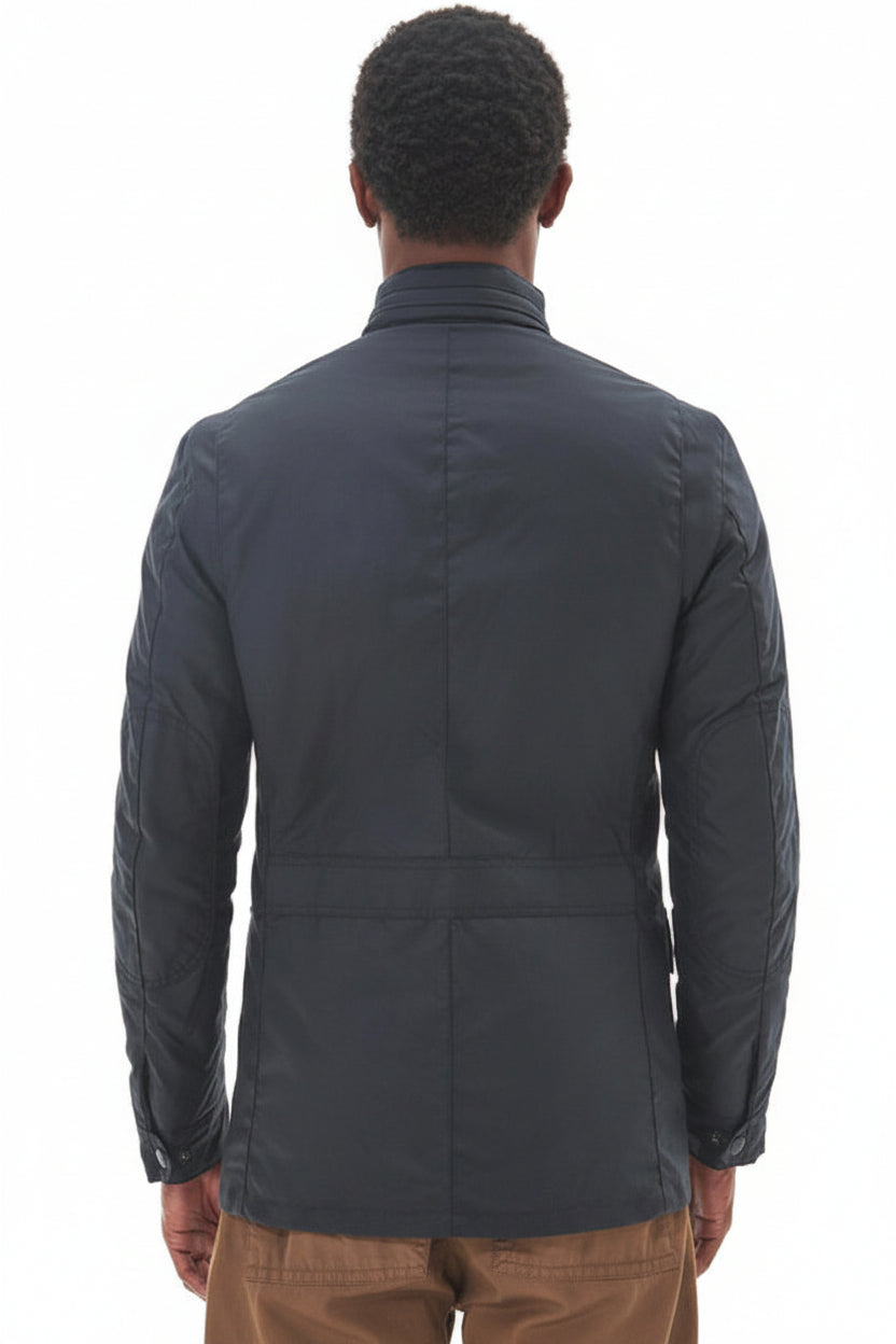 Men's navy wax jacket, back view with full-length sleeves and center seam detail