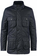 Men's navy wax jacket front view with stand collar and four flap utility pockets